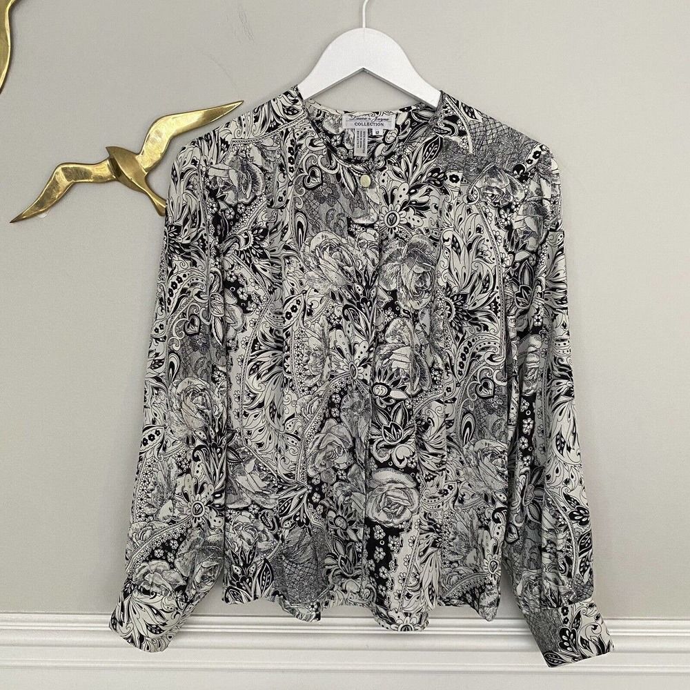 Vintage LAURA & JAYNE Button Up Blouse Secretary Paisley Black White Size 12 - Picture 2 of 12